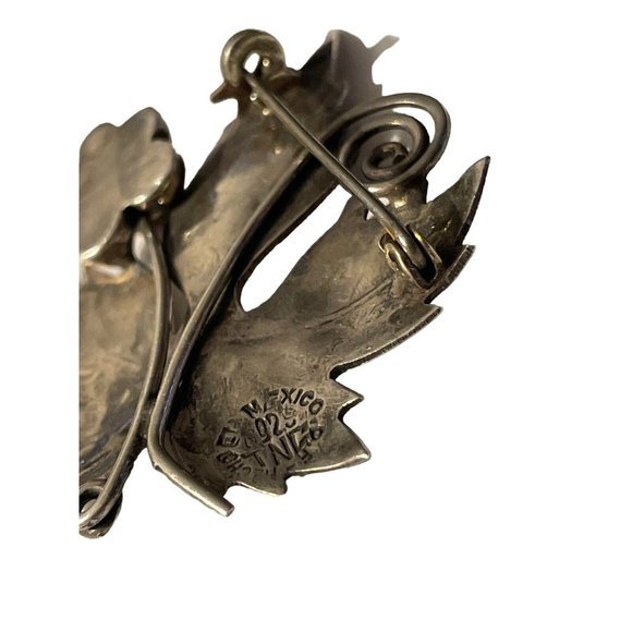 Taxco 925 Sterling Silver Grape Leaf Brooch Pin Vintage Swirl 3D Textured Mexico - Picture 7 of 9